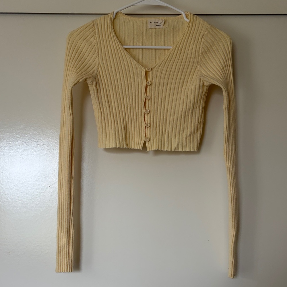 Dreamers Ribbed Cropped Cardigan in Pale Yellow